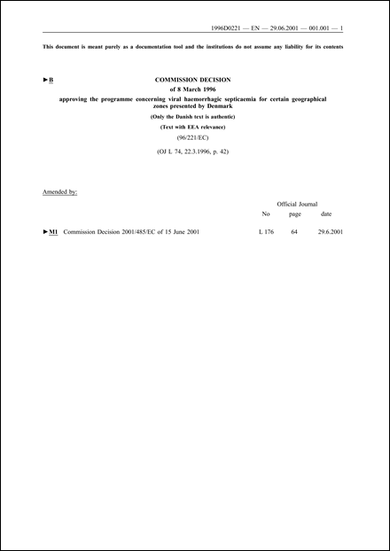 96/221/EC: Commission Decision of 8 March 1996 approving the programme concerning viral haemorrhagic septicaemia for certain geographical zones presented by Denmark (Only the Danish text is authentic) (Text with EEA relevance)