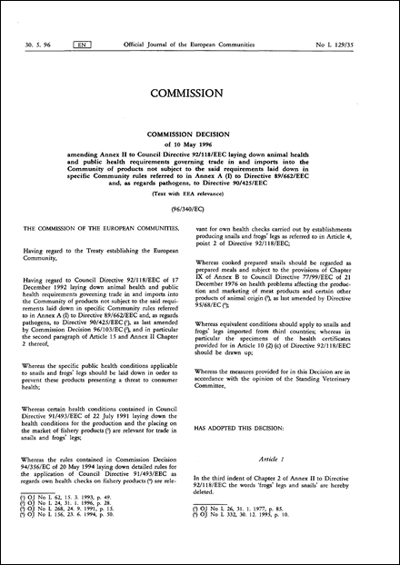 96/340/EC: Commission Decision of 10 May 1996 amending Annex II to Council Directive 92/118/EEC laying down animal health and public health requirements governing trade in and imports into the Community of products not subject to the said requirements laid down in specific Community rules referred to in Annex A (I) to Directive 89/662/EEC and, as regards pathogens, to Directive 90/425/EEC (Text with EEA relevance)