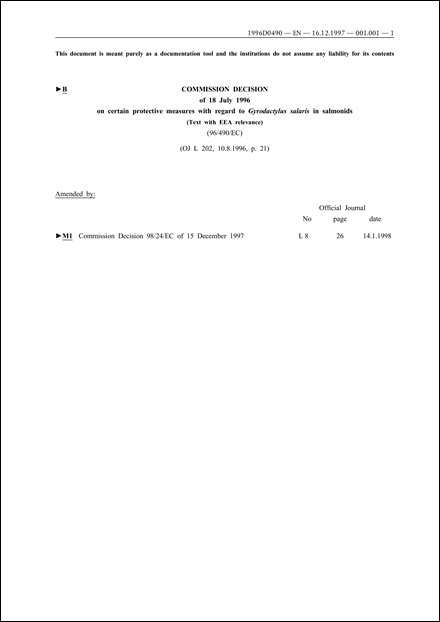 96/490/EC: Commission Decision of 18 July 1996 on certain protective measures with regard to Gyrodactylus salaris in salmonids (Text with EEA relevance)