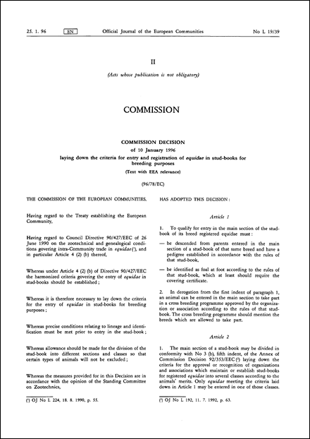 96/78/EC: Commission Decision of 10 January 1996 laying down the criteria for entry and registration of equidae in stud-books for breeding purposes (Text with EEA relevance)