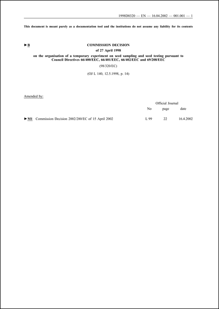 98/320/EC: Commission Decision of 27 April 1998 on the organisation of a temporary experiment on seed sampling and seed testing pursuant to Council Directives 66/400/EEC, 66/401/EEC, 66/402/EEC and 69/208/EEC