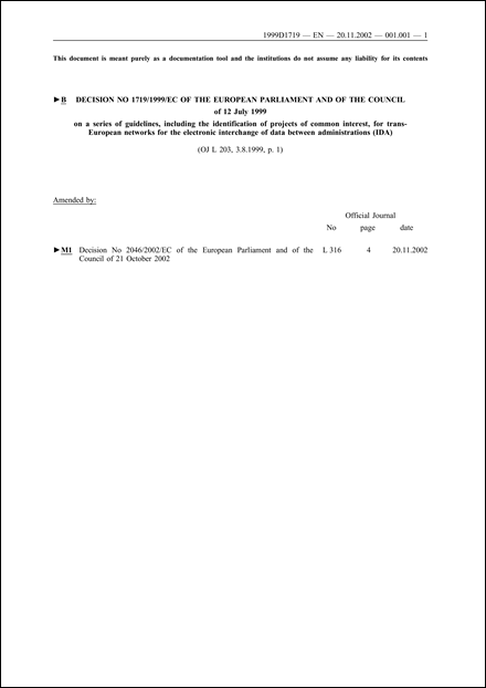 1719/1999/EC: Decision of the European Parliament and of the Council of 12 July 1999 on a series of guidelines, including the identification of projects of common interest, for trans-European networks for the electronic interchange of data between administrations (IDA)