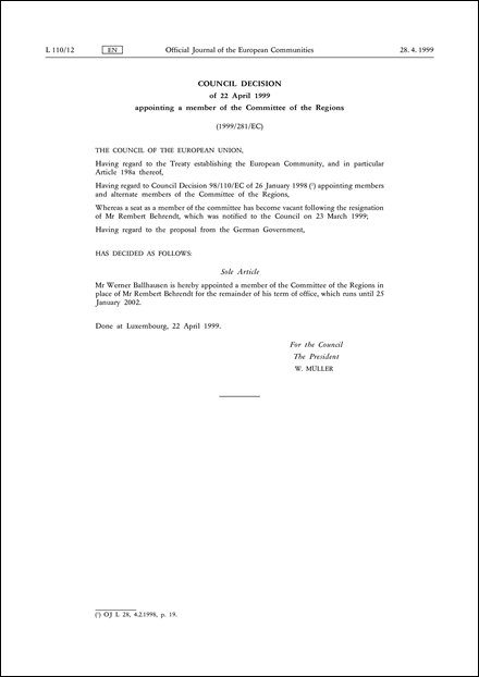 1999/281/EC: Council Decision of 22 April 1999 appointing a member of the Committee of the Regions