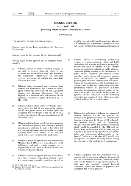 1999/282/EC: Council Decision of 22 April 1999 providing macro-financial assistance to Albania (repealed)