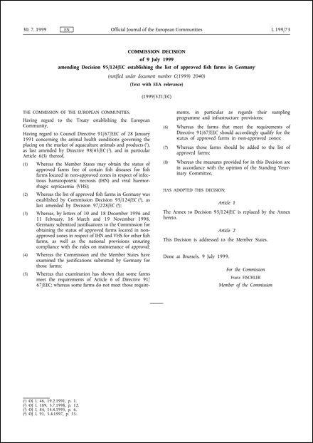 99/521/EC: Commission Decision of 9 July 1999 amending Decision 95/124/EC establishing the list of approved fish farms in Germany (notified under document number C(1999) 2040) (Text with EEA relevance)