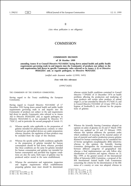 1999/724/EC: Commission Decision of 28 October 1999 amending Annex II to Council Directive 92/118/EEC laying down animal health and public health requirements governing trade in and imports into the Community of products not subject to the said requirements laid down in specific Community rules referred to in Annex A (I) to Directive 89/662/EEC and, as regards pathogens, to Directive 90/425/EEC (notified under document number C(1999) 3493) (Text with EEA relevance)