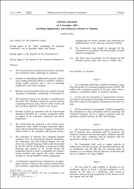 1999/732/EC: Council Decision of 8 November 1999 providing supplementary macro-financial assistance to Romania