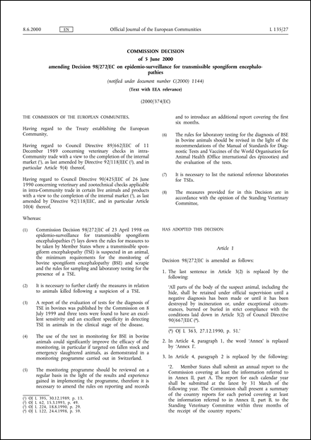 2000/374/EC: Commission Decision of 5 June 2000 amending Decision 98/272/EC on epidemio-surveillance for transmissible spongiform encephalopathies (notified under document number C(2000) 1144) (Text with EEA relevance)