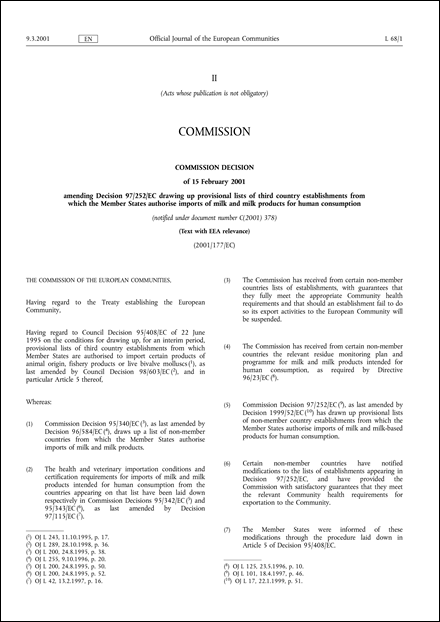 2001/177/EC: Commission Decision of 15 February 2001 amending Decision 97/252/EC drawing up provisional lists of third country establishments from which the Member States authorise imports of milk and milk products for human consumption (Text with EEA relevance.) (notified under document number C(2001) 378)