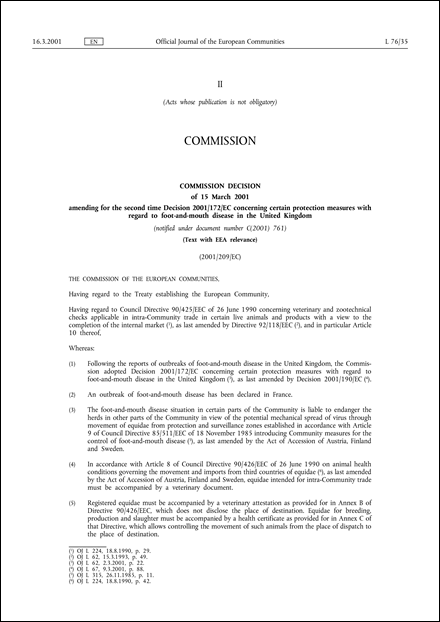 2001/209/EC: Commission Decision of 15 March 2001 amending for the second time Decision 2001/172/EC concerning certain protection measures with regard to foot-and-mouth disease in the United Kingdom (Text with EEA relevance) (notified under document number C(2001) 761)