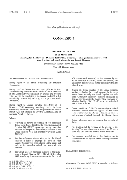 2001/239/EC: Commission Decision of 26 March 2001 amending for the third time Decision 2001/172/EC concerning certain protection measures with regard to foot-and-mouth disease in the United Kingdom (Text with EEA relevance) (notified under document number C(2001) 981)
