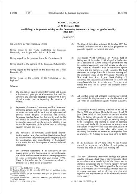 2001/51/EC: Council Decision of 20 December 2000 establishing a Programme relating to the Community framework strategy on gender equality (2001-2005)