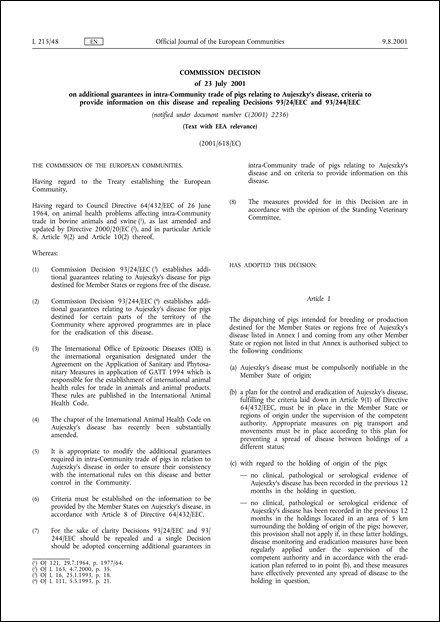 2001/618/EC: Commission Decision of 23 July 2001 on additional guarantees in intra-Community trade of pigs relating to Aujeszky's disease, criteria to provide information on this disease and repealing Decisions 93/24/EEC and 93/244/EEC (Text with EEA relevance) (notified under document number C(2001) 2236) (repealed)