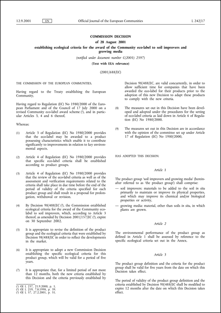 2001/688/EC: Commission Decision of 28 August 2001 establishing ecological criteria for the award of the Community eco-label to soil improvers and growing media (Text with EEA relevance) (notified under document number C(2001) 2597) (repealed)