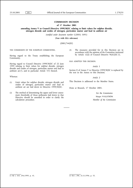 2001/744/EC: Commission Decision of 17 October 2001 amending Annex V to Council Directive 1999/30/EC relating to limit values for sulphur dioxide, nitrogen dioxide and oxides of nitrogen, particulate matter and lead in ambient air (Text with EEA relevance) (notified under document number C(2001) 3091)
