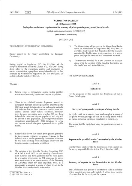 2002/1003/EC: Commission Decision of 18 December 2002 laying down minimum requirements for a survey of prion protein genotypes of sheep breeds (Text with EEA relevance) (notified under document number C(2002) 5102)