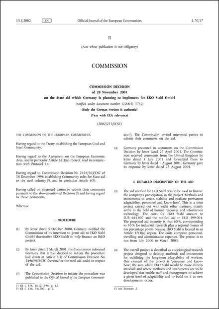 2000/213/ECSC:Commission Decision of 28 November 2001 on the State aid which Germany is planning to implement for EKO Stahl GmbH (Text with EEA relevance) (notified under document number C(2001) 3732)