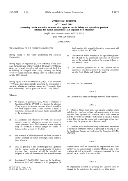 2002/249/EC: Commission Decision of 27 March 2002 concerning certain protective measures with regard to certain fishery and aquaculture products intended for human consumption and imported from Myanmar (Text with EEA relevance) (notified under document number C(2002) 1302)