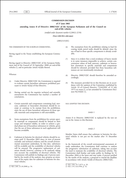 2002/525/EC: Commission Decision of 27 June 2002 amending Annex II of Directive 2000/53/EC of the European Parliament and of the Council on end-of-life vehicles (Text with EEA relevance) (notified under document number C(2002) 2238)