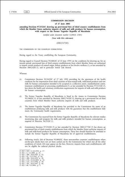 2002/527/EC: Commission Decision of 27 June 2002 amending Decision 97/252/EC drawing up provisional lists of third country establishments from which the Member States authorise imports of milk and milk products for human consumption, with respect to the former Yugoslav Republic of Macedonia (Text with EEA relevance) (notified under document number C(2002) 2301)