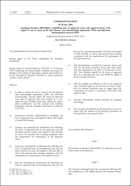2002/536/EC: Commission Decision of 28 June 2002 amending Decision 2002/308/EC establishing lists of approved zones and approved farms with regard to one or more of the fish diseases viral haemorrhagic septicaemia (VHS) and infectious haematopoietic necrosis (IHN) (Text with EEA relevance) (notified under document number C(2002) 2387)