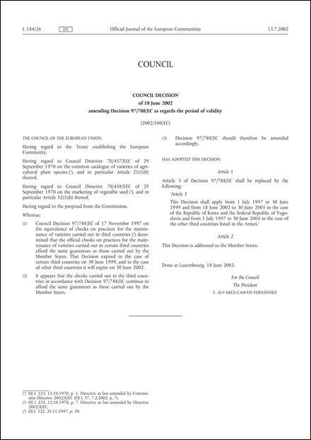 2002/580/EC: Council Decision of 18 June 2002 amending Decision 97/788/EC as regards the period of validity