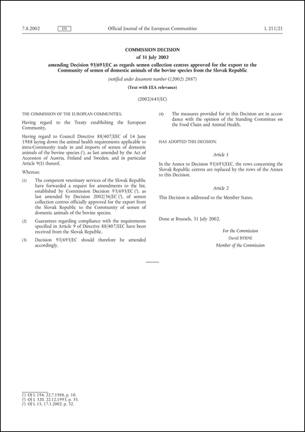 2002/645/EC: Commission Decision of 31 July 2002 amending Decision 93/693/EC as regards semen collection centres approved for the export to the Community of semen of domestic animals of the bovine species from the Slovak Republic (Text with EEA relevance) (notified under document number C(2002) 2887)