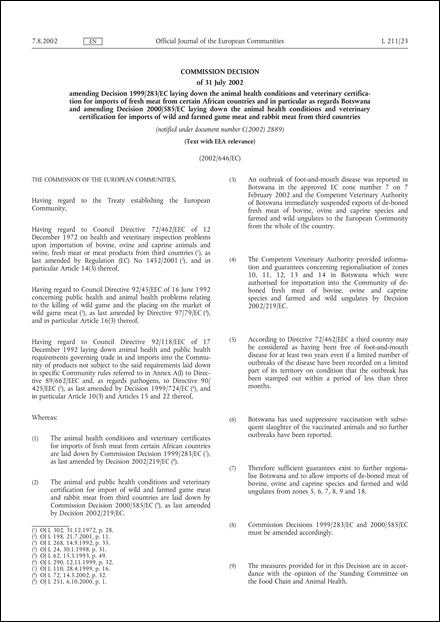 2002/646/EC: Commission Decision of 31 July 2002 amending Decision 1999/283/EC laying down the animal health conditions and veterinary certification for imports of fresh meat from certain African countries and in particular as regards Botswana and amending Decision 2000/585/EC laying down the animal health conditions and veterinary certification for imports of wild and farmed game meat and rabbit meat from third countries (Text with EEA relevance) (notified under document number C(2002) 2889)