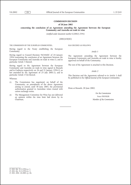 Commission Decision of 28 June 2002 concerning the conclusion of an Agreement amending the Agreement between the European Community and Australia on trade in wine (notified under document number C(2002) 2391) (2002/650/EC)