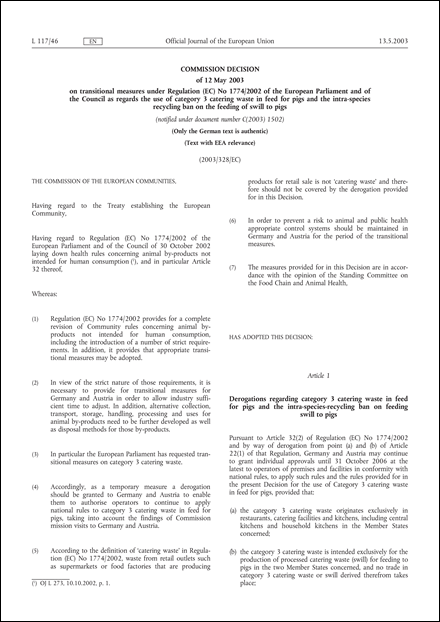 2003/328/EC: Commission Decision of 12 May 2003 on transitional measures under Regulation (EC) No 1774/2002 of the European Parliament and of the Council as regards the use of category 3 catering waste in feed for pigs and the intra-species recycling ban on the feeding of swill to pigs (Text with EEA relevance) (notified under document number C(2003) 1502)
