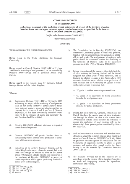 2004/3/EC: Commission Decision of 19 December 2003 authorising, in respect of the marketing of seed potatoes in all or part of the territory of certain Member States, more stringent measures against certain diseases than are provided for in Annexes I and II to Council Directive 2002/56/EC (Text with EEA relevance) (notified under document number C(2003) 4833)
