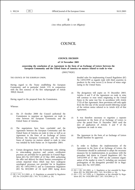 2005/798/EC: Council Decision of 14 November 2005 concerning the conclusion of an Agreement in the form of an Exchange of Letters between the European Community and the United States of America on matters related to trade in wine