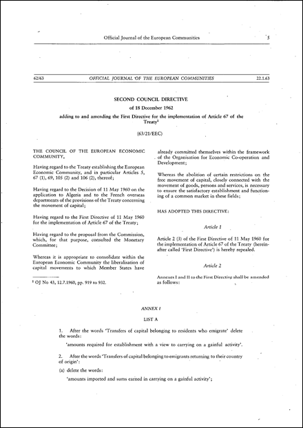 Second Council 63/21/EEC Directive of 18 December 1962 adding to and amending the First Directive for the implementation of Article 67 of the Treaty