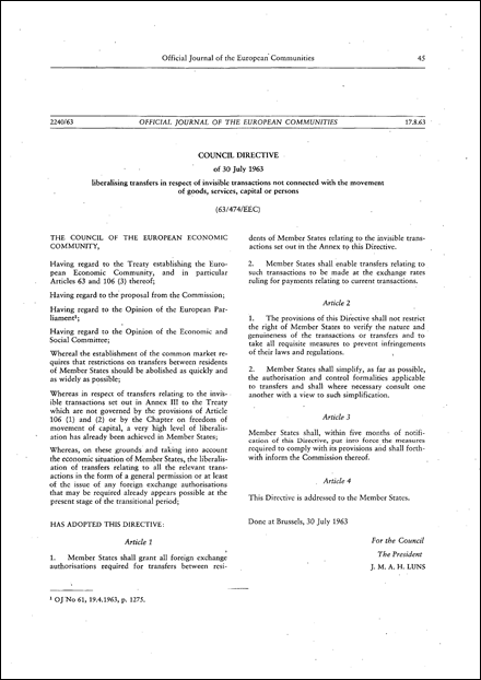 Council Directive 63/474/EEC of 30 July 1963 liberalising transfers in respect of invisible transactions not connected with the movement of goods, services, capital or persons