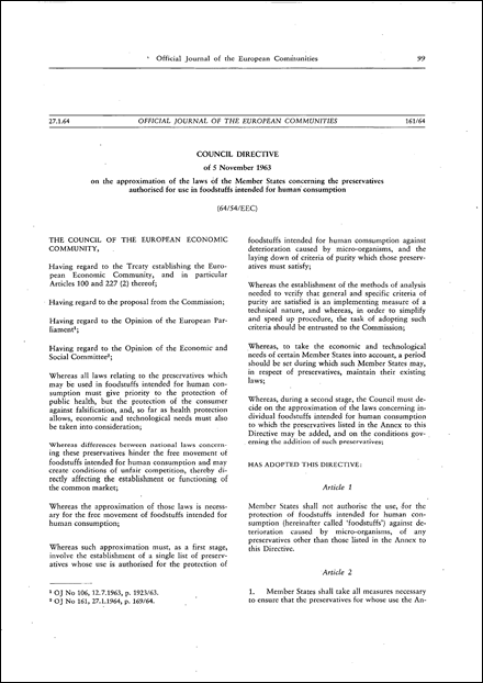 Council Directive 64/54/EEC of 5 November 1963 on the approximation of the laws of the Member States concerning the preservatives authorized for use in foodstuffs intended for human consumption