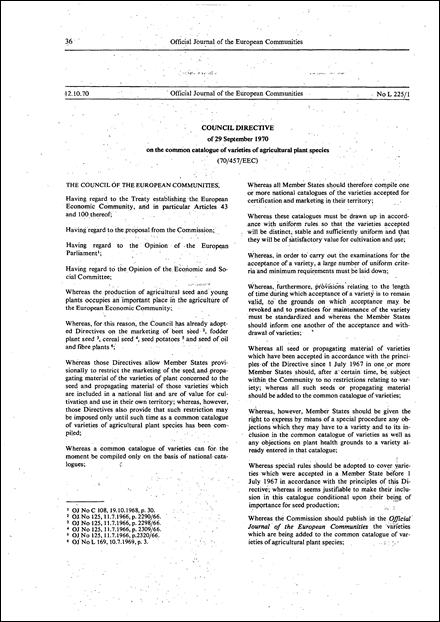 Council Directive 70/457/EEC of 29 September 1970 on the common catalogue of varieties of agricultural plant species