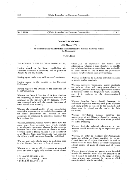 Council Directive 71/161/EEC of 30 March 1971 on external quality standards for forest reproductive material marketed within the Community