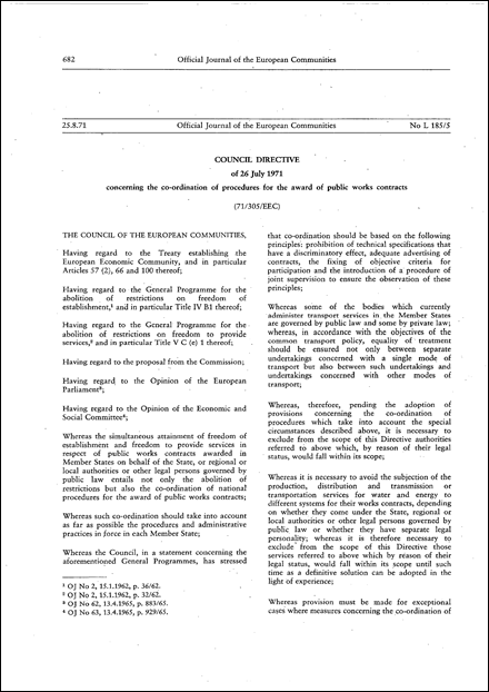 Council Directive 71/305/EEC of 26 July 1971 concerning the co-ordination of procedures for the award of public works contracts