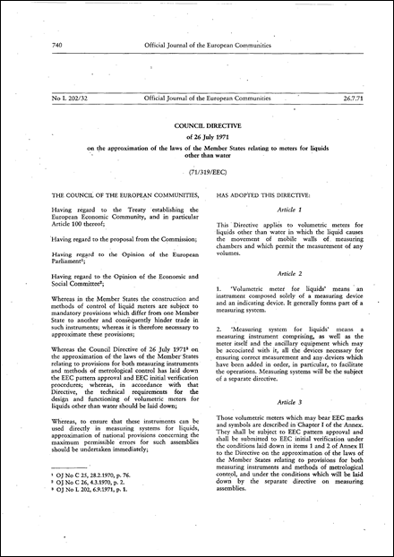 Council Directive 71/319/EEC of 26 July 1971 on the approximation of the laws of the Member States relating to meters for liquids other than water