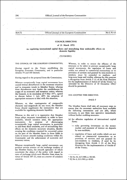 Council Directive 72/156/EEC of 21 March 1972 on regulating international capital flows and neutralizing their undesirable effects on domestic liquidity