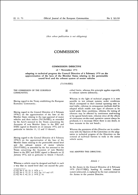 Commission Directive 73/350/EEC of 7 November 1973 adapting to technical progress the Council Directive of 6 February 1970 on the approximation of the laws of the Member States relating to the permissible sound level and the exhaust system of motor vehicles
