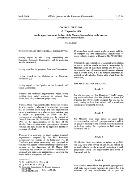 Council Directive 74/483/EEC of 17 September 1974 on the approximation of the laws of the Member States relating to the external projections of motor vehicles (repealed)