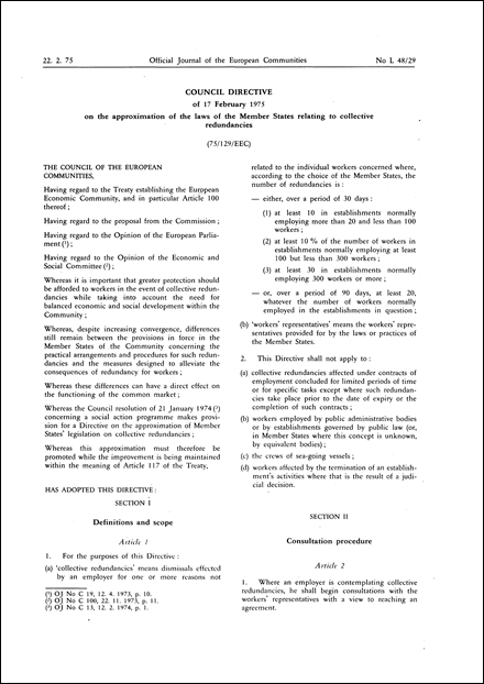 Council Directive 75/129/EEC of 17 February 1975 on the approximation of the laws of the Member States relating to collective redundancies