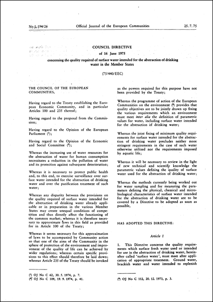 Council Directive 75/440/EEC of 16 June 1975 concerning the quality required of surface water intended for the abstraction of drinking water in the Member States (repealed)