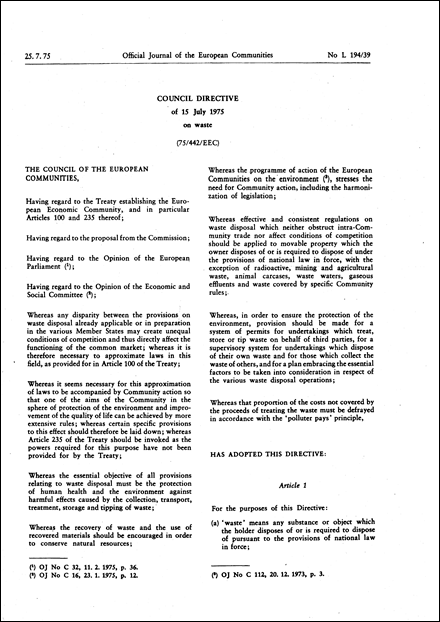 Council Directive 75/442/EEC of 15 July 1975 on waste (repealed)