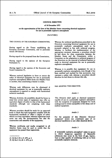 Council Directive 76/117/EEC of 18 December 1975 on the approximation of the laws of the Member States concerning electrical equipment for use in potentially explosive atmospheres