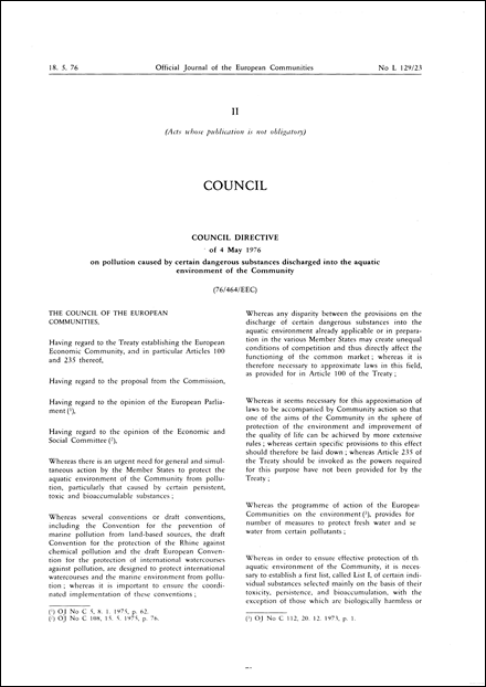 Council Directive 76/464/EEC of 4 May 1976 on pollution caused by certain dangerous substances discharged into the aquatic environment of the Community (repealed)