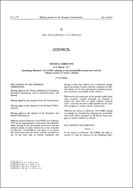 Council Directive 77/212/EEC of 8 March 1977 amending Directive 70/157/EEC relating to the permissible sound level and the exhaust system of motor vehicles