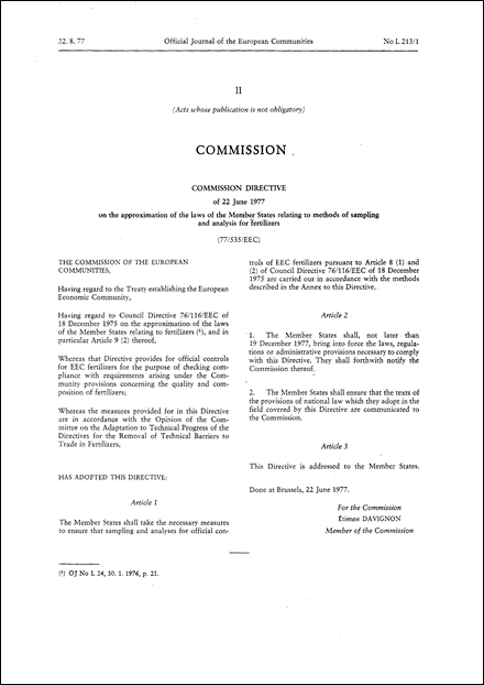 Commission Directive 77/535/EEC of 22 June 1977 on the approximation of the laws of the Member States relating to methods of sampling and analysis for fertilizers