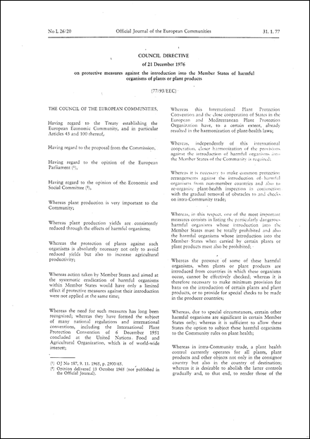Council Directive 77/93/EEC of 21 December 1976 on protective measures against the introduction into the Member States of harmful organisms of plants or plant products